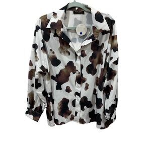 Nylon Apparel Women Cow Print Button Down Shirt Brown White Grand Ole Opry M NEW